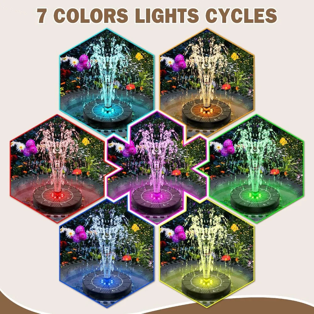 Solar Fountain Pump Outdoor Garden Automatic Water Spray with LED Lights Solar Powered Fountain for Yard, Pond, Bird Bath