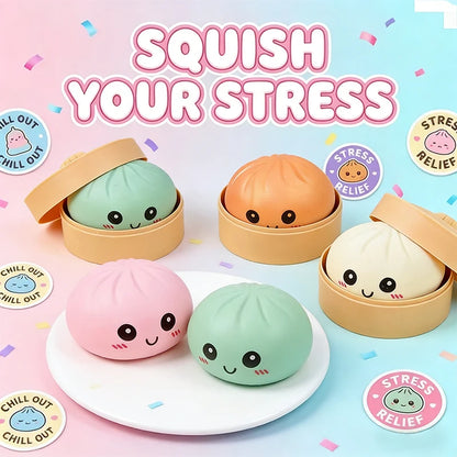 Colorful Dumpling Squishy Stress Relief Ball With Bamboo Steamer Soft Rebound Squeeze Fidget Sensory Toy Funny Creative Gift