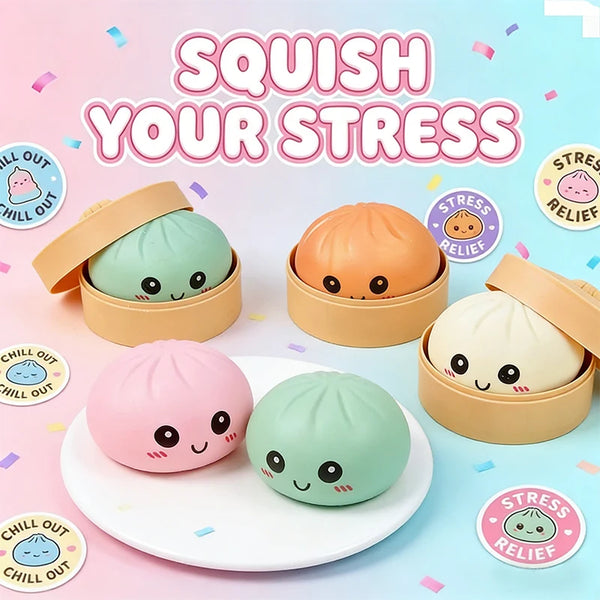 Colorful Dumpling Squishy Stress Relief Ball With Bamboo Steamer Soft Rebound Squeeze Fidget Sensory Toy Funny Creative Gift