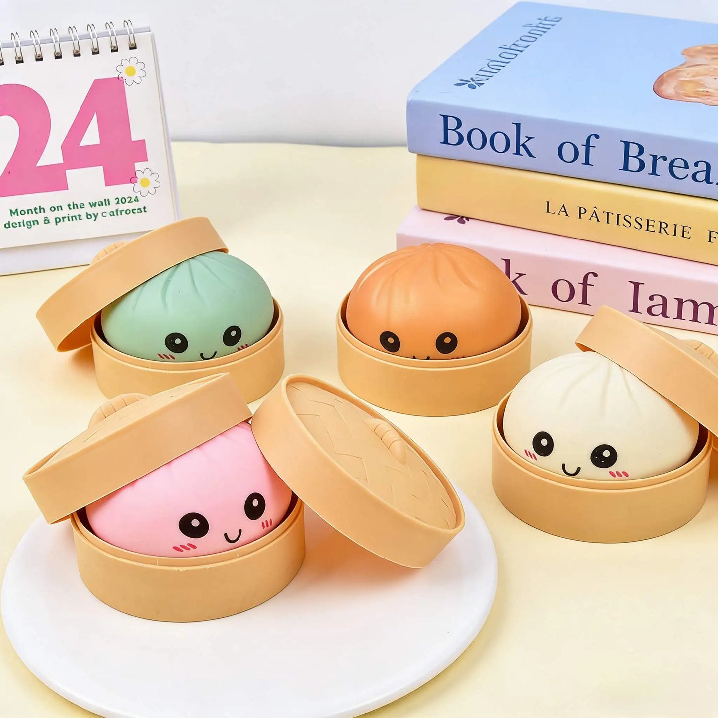 Colorful Dumpling Squishy Stress Relief Ball With Bamboo Steamer Soft Rebound Squeeze Fidget Sensory Toy Funny Creative Gift