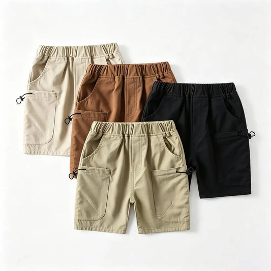 Kids Boys Cargo Shorts Summer Cotton Casual Shorts with Drawstring Pockets Elastic Waist Children Knee Length Short Pants 2-10Yr