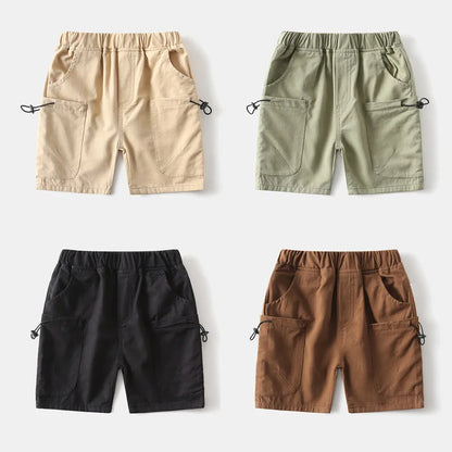 Kids Boys Cargo Shorts Summer Cotton Casual Shorts with Drawstring Pockets Elastic Waist Children Knee Length Short Pants 2-10Yr
