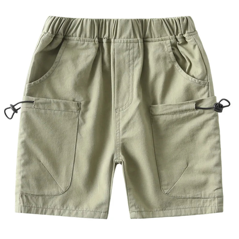 Kids Boys Cargo Shorts Summer Cotton Casual Shorts with Drawstring Pockets Elastic Waist Children Knee Length Short Pants 2-10Yr